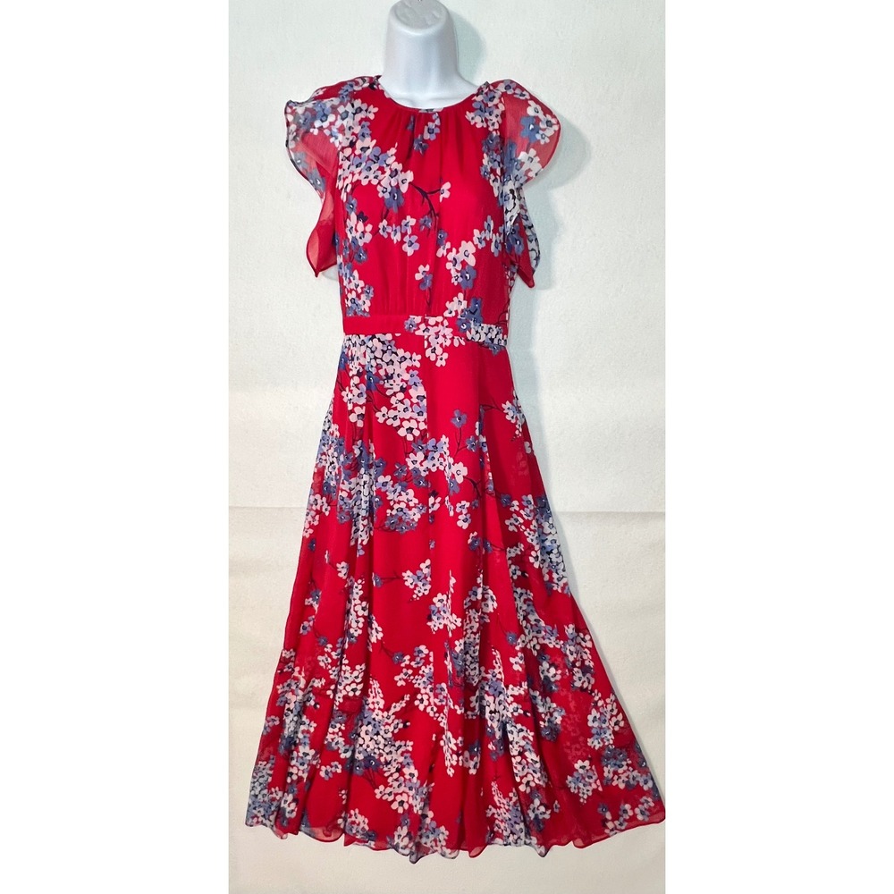 Tommy Hilfiger Red Floral Chiffon Cottage Flutter Sleeve Maxi Dress Women's sz 2